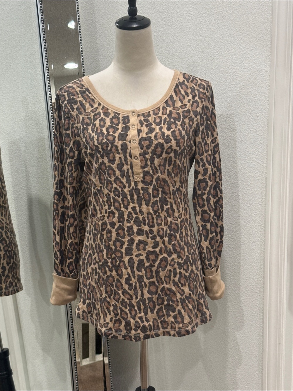 Splendid Leopard-Print Long Sleeve Henley in Tan and Black